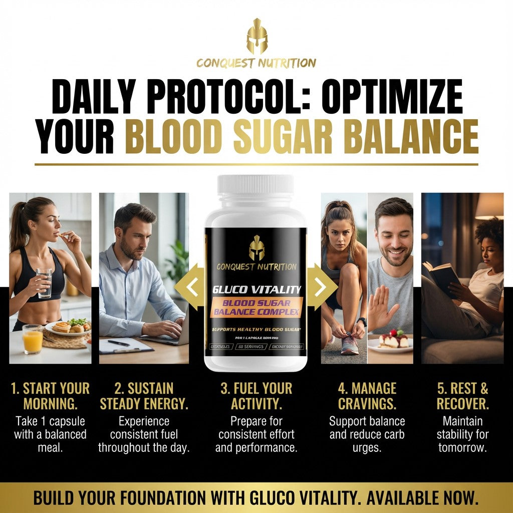 Advertisement for Conquest Nutrition Gluco Vitality supplement with lifestyle images and text on optimizing blood sugar balance.