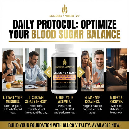Advertisement for Conquest Nutrition Gluco Vitality supplement with lifestyle images and text on optimizing blood sugar balance.