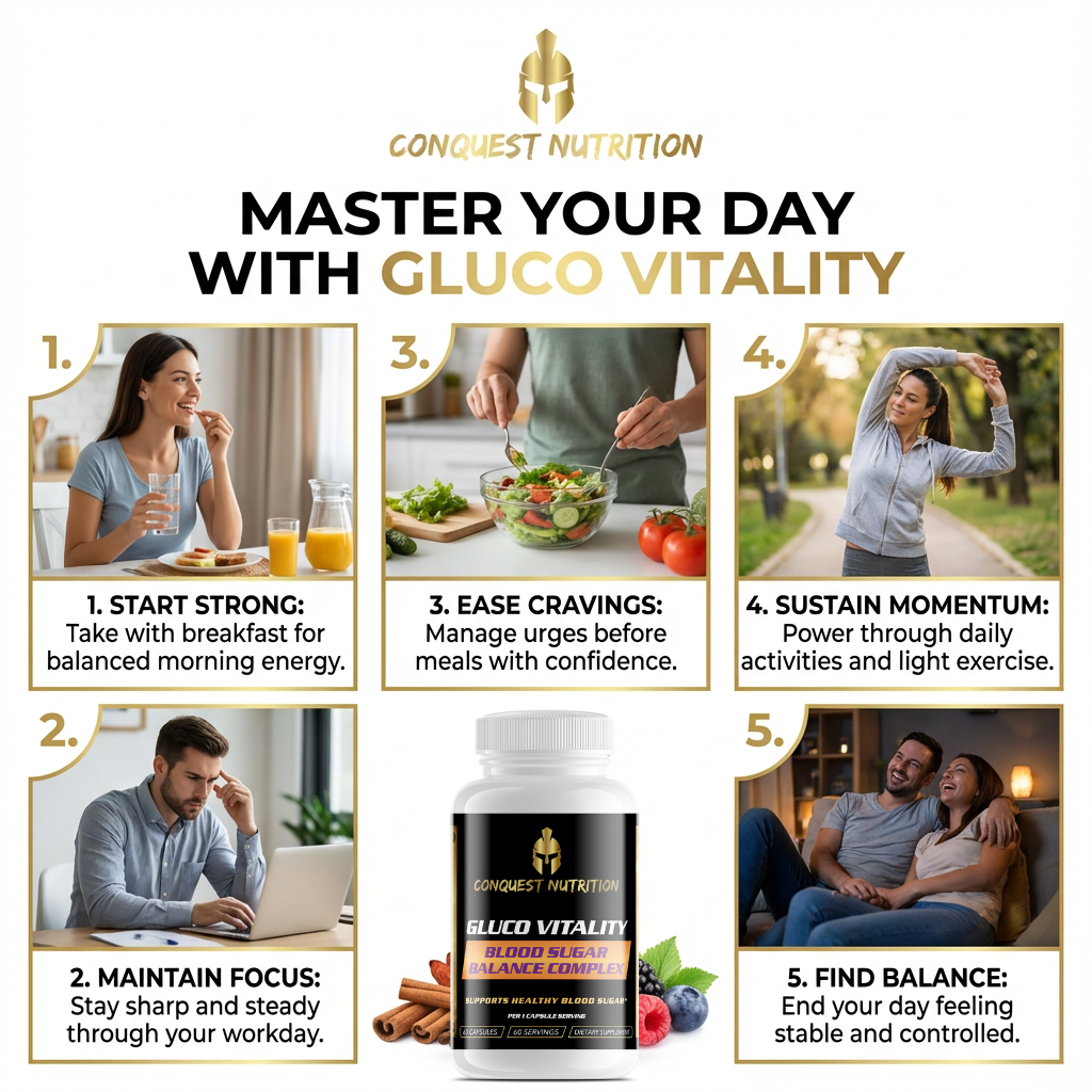 Promotional graphic for Conquest Nutrition Gluco Vitality with lifestyle images and product display.
