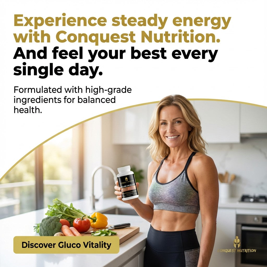 Woman holding a supplement container in a kitchen with promotional text for Conquest Nutrition.