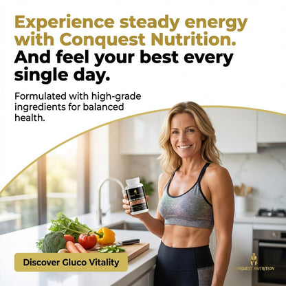Woman holding a supplement container in a kitchen with promotional text for Conquest Nutrition.