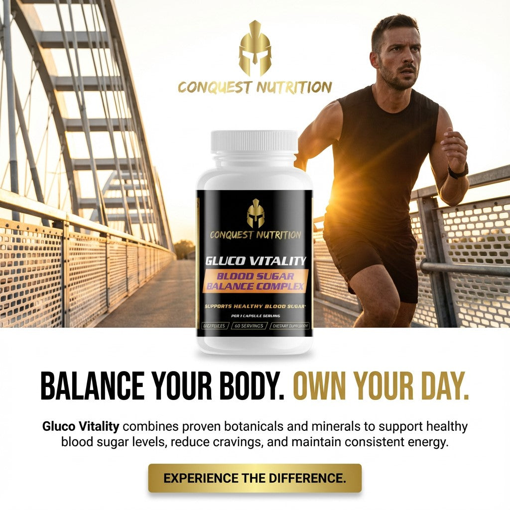 Conquest Nutrition Gluco Vitality supplement with a man running on a bridge