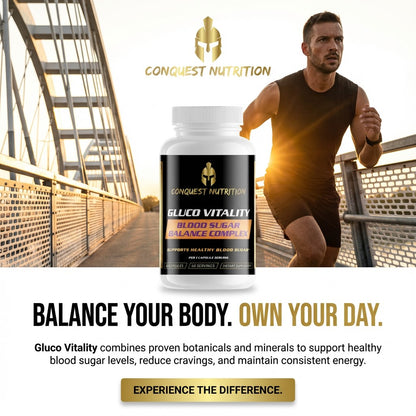 Conquest Nutrition Gluco Vitality supplement with a man running on a bridge