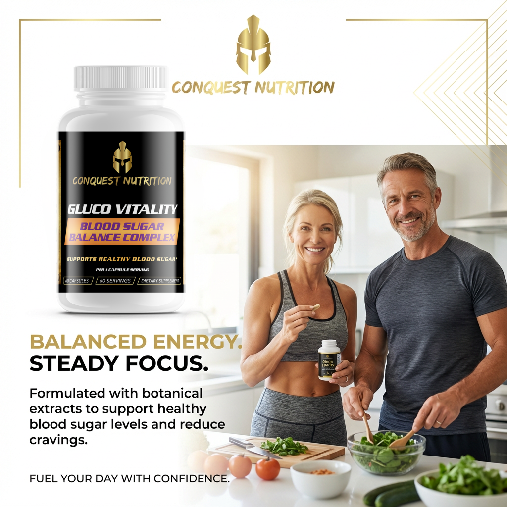 Couple preparing a meal in a kitchen with Conquest Nutrition supplement bottle displayed.