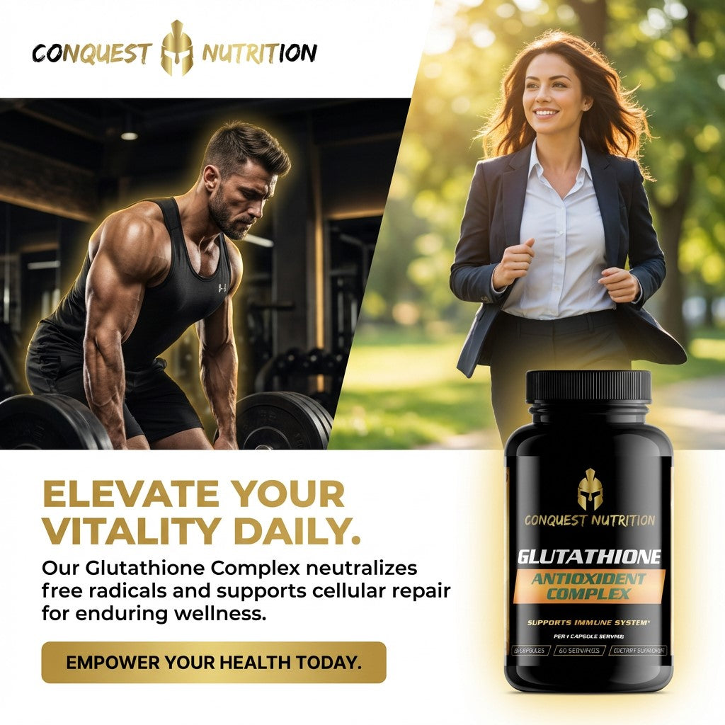 Advertisement for Conquest Nutrition Glutathione supplement with a man lifting weights, a woman walking outdoors, and the supplement bottle.