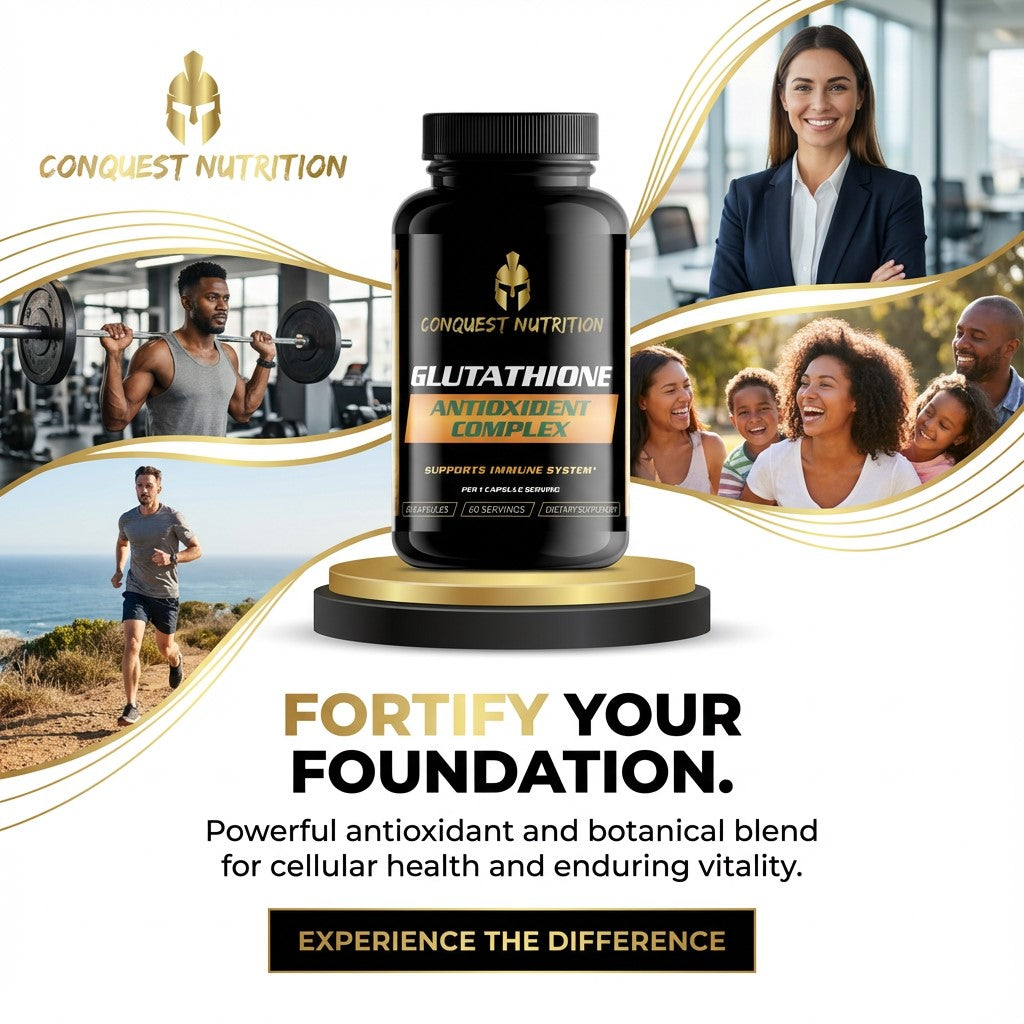 Conquest Nutrition Glutathione Antioxidant Complex supplement bottle with lifestyle images and text on a white background