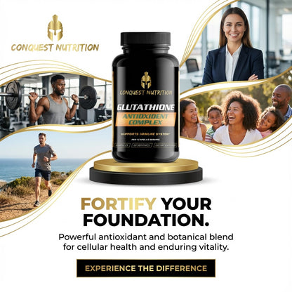 Conquest Nutrition Glutathione Antioxidant Complex supplement bottle with lifestyle images and text on a white background