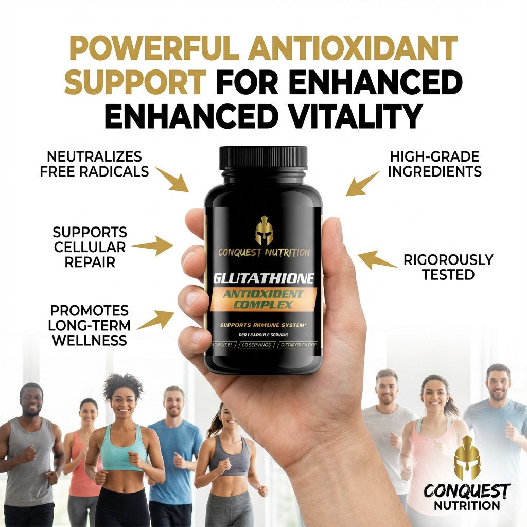 Hand holding a bottle of Conquest Nutrition Glutathione Antioxidant Complex with text about its benefits on a white background.