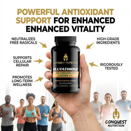 Hand holding a bottle of Conquest Nutrition Glutathione Antioxidant Complex with text about its benefits on a white background.