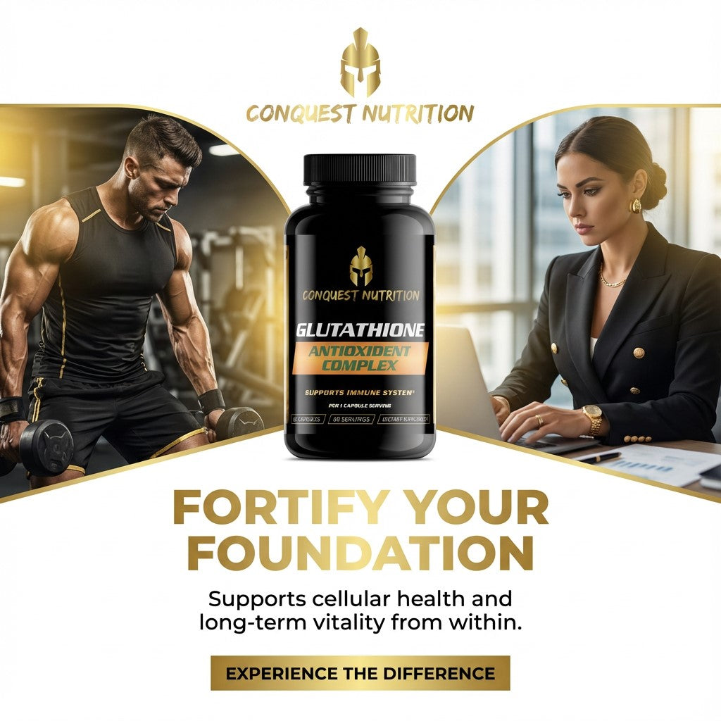 Conquest Nutrition Glutathione Antioxidant Complex bottle with a man working out and a woman at a desk, featuring the brand's logo.