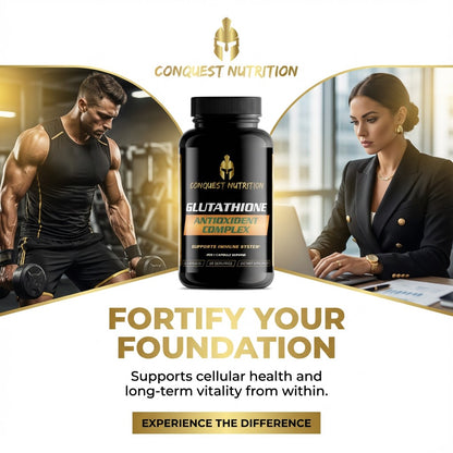 Conquest Nutrition Glutathione Antioxidant Complex bottle with a man working out and a woman at a desk, featuring the brand's logo.