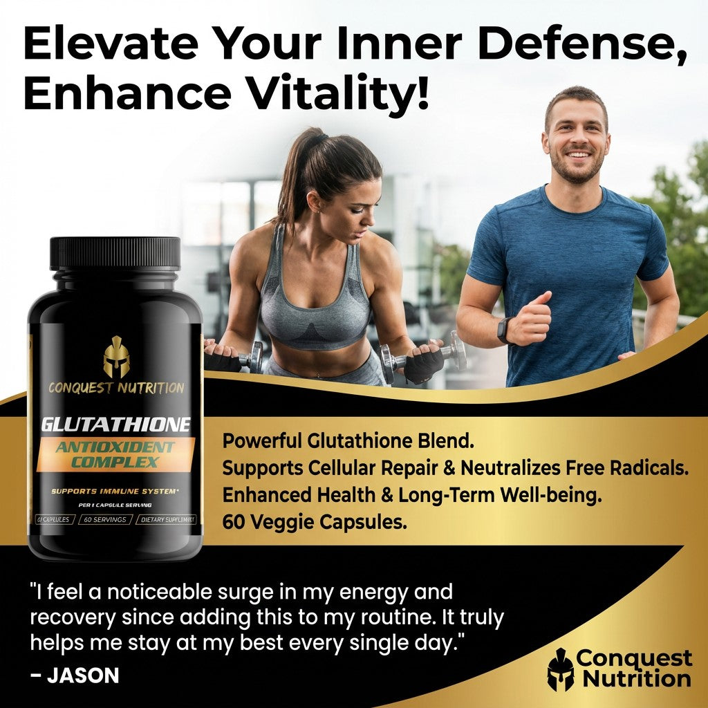 Advertisement for Conquest Nutrition Glutathione Antioxidant Complex with a man and woman exercising in the background.