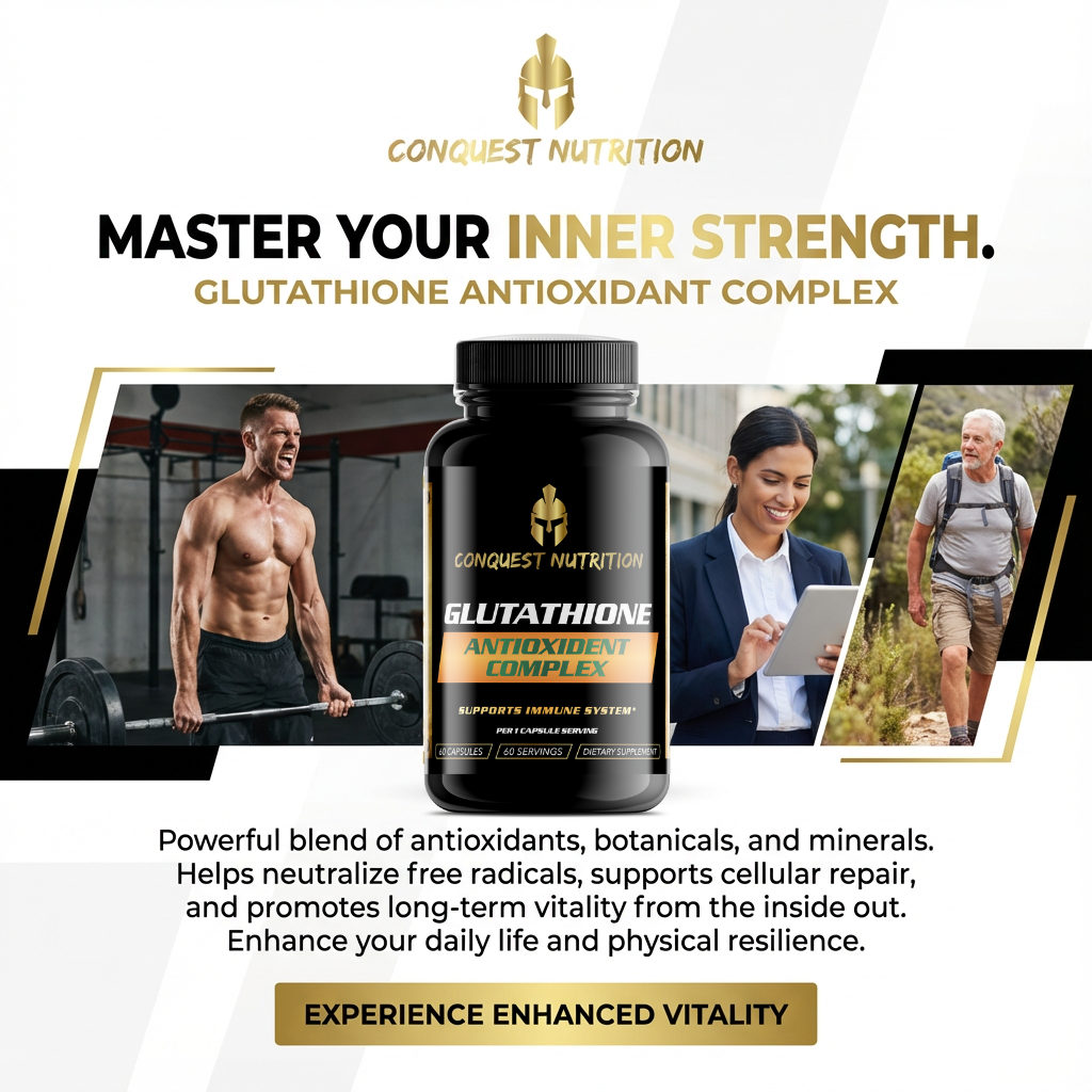 Conquest Nutrition Glutathione Antioxidant Complex advertisement with lifestyle images and product packaging.