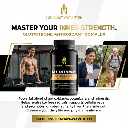 Conquest Nutrition Glutathione Antioxidant Complex advertisement with lifestyle images and product packaging.