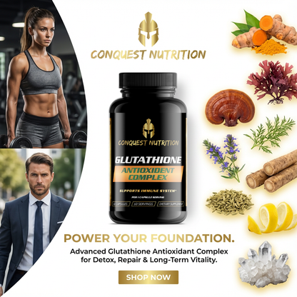 Advertisement for Conquest Nutrition Glutathione Antioxidant Complex with images of a woman, man, and health-related elements.