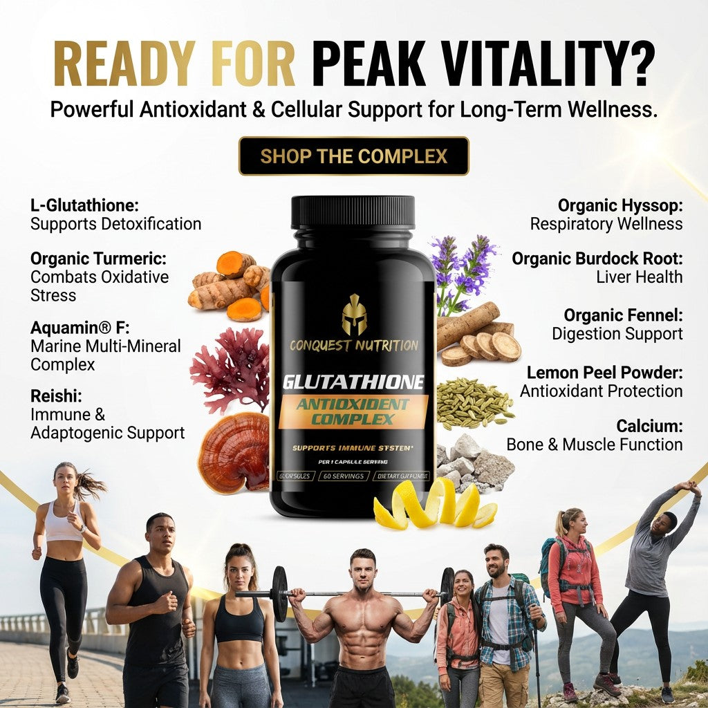Advertisement for Conquest Nutrition Glutathione Antioxidant Complex with lifestyle images and health benefits listed.