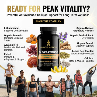 Advertisement for Conquest Nutrition Glutathione Antioxidant Complex with lifestyle images and health benefits listed.