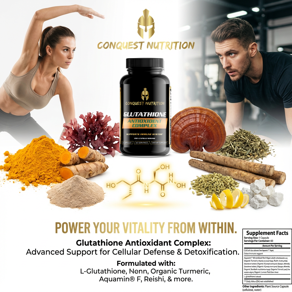 Advertisement for Conquest Nutrition Glutathione Antioxidant Complex with supplements and ingredients displayed.