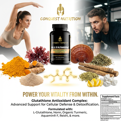 Advertisement for Conquest Nutrition Glutathione Antioxidant Complex with supplements and ingredients displayed.