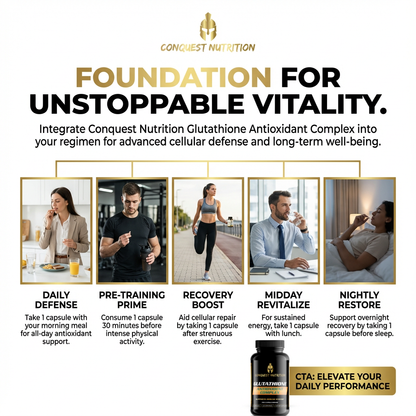 Advertisement for Conquest Nutrition Glutathione Antioxidant Complex with lifestyle images and product packaging.