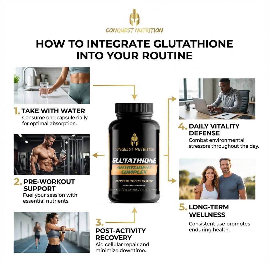 Conquest Nutrition Glutathione supplement with integration steps on a white background