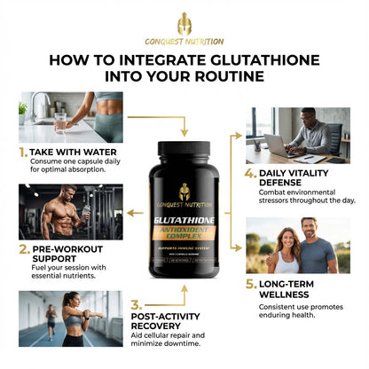 Conquest Nutrition Glutathione supplement with integration steps on a white background