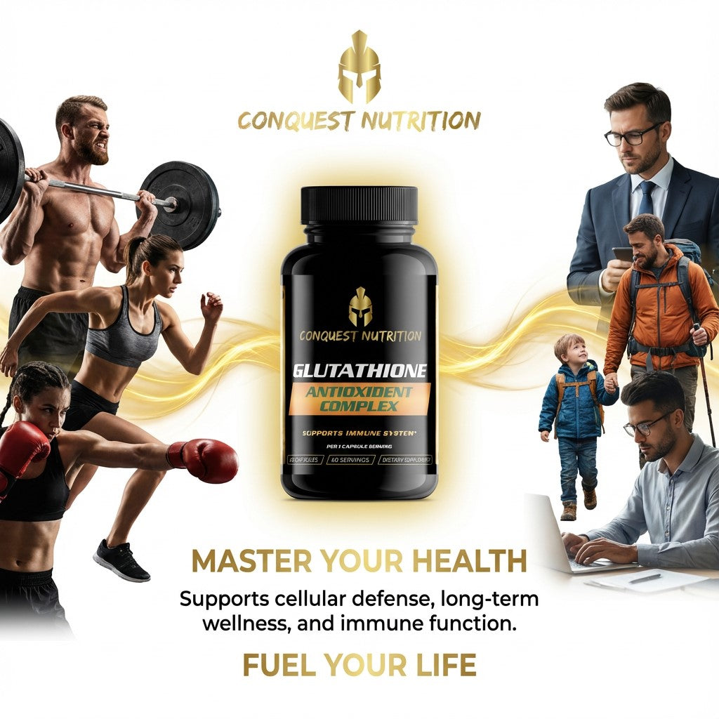 Conquest Nutrition Glutathione Antioxidant Complex supplement bottle with lifestyle images and text on a white background