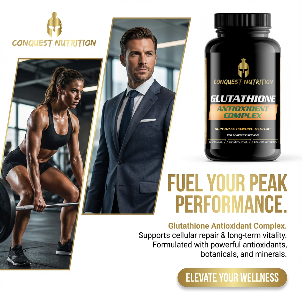 Advertisement for Conquest Nutrition Glutathione Antioxidant Complex with a woman lifting weights and a man in a suit.