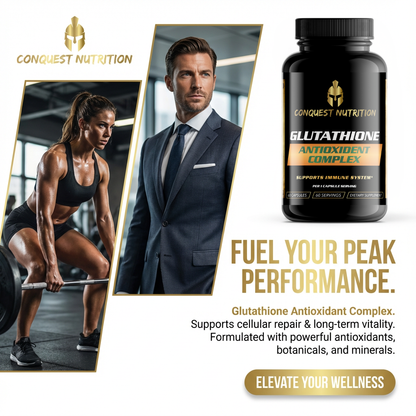 Advertisement for Conquest Nutrition Glutathione Antioxidant Complex with a woman lifting weights and a man in a suit.