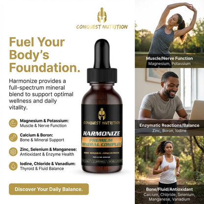 Conquest Nutrition Harmonize supplement bottle with lifestyle images and text about health benefits.