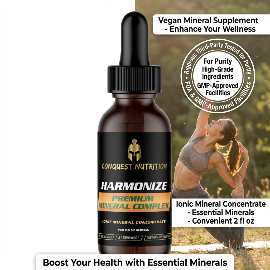 Conquest Nutrition Harmonize supplement bottle with a woman exercising outdoors.