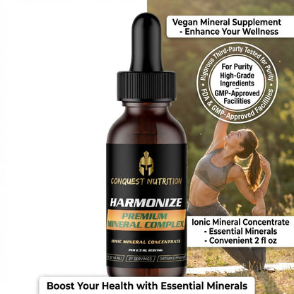 Conquest Nutrition Harmonize supplement bottle with a woman exercising outdoors.