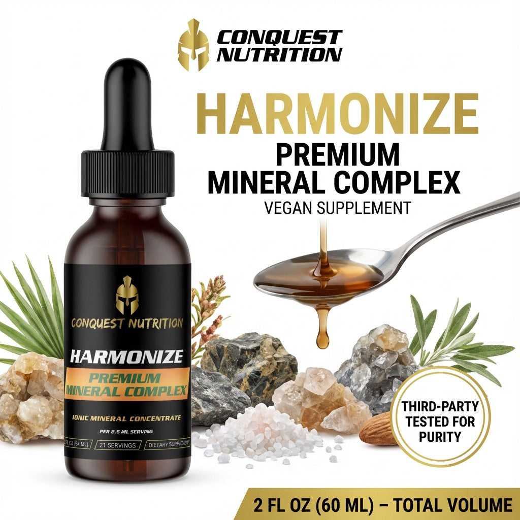 Conquest Nutrition Harmonize Premium Mineral Complex supplement bottle with dropper, spoon, and minerals on a white background.