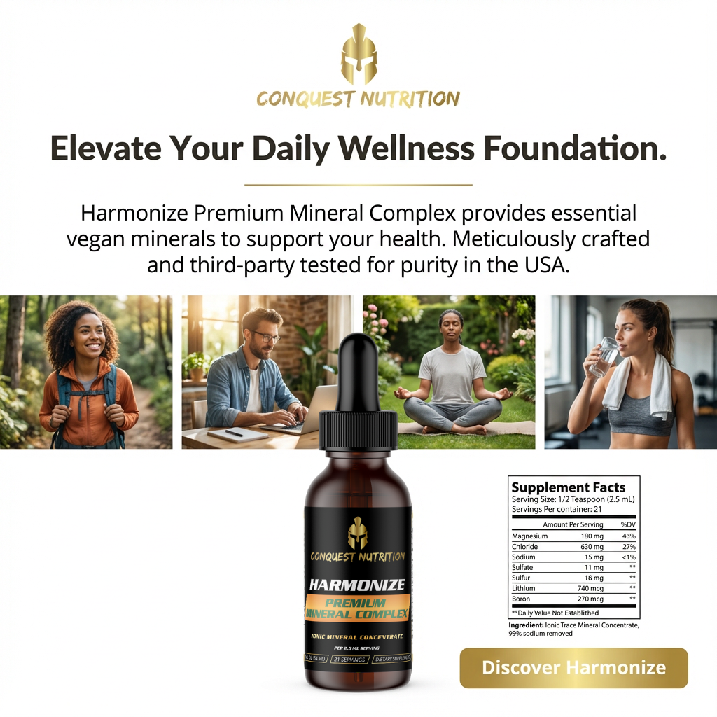 Conquest Nutrition Harmonize Premium Mineral Complex bottle with lifestyle images and promotional text.