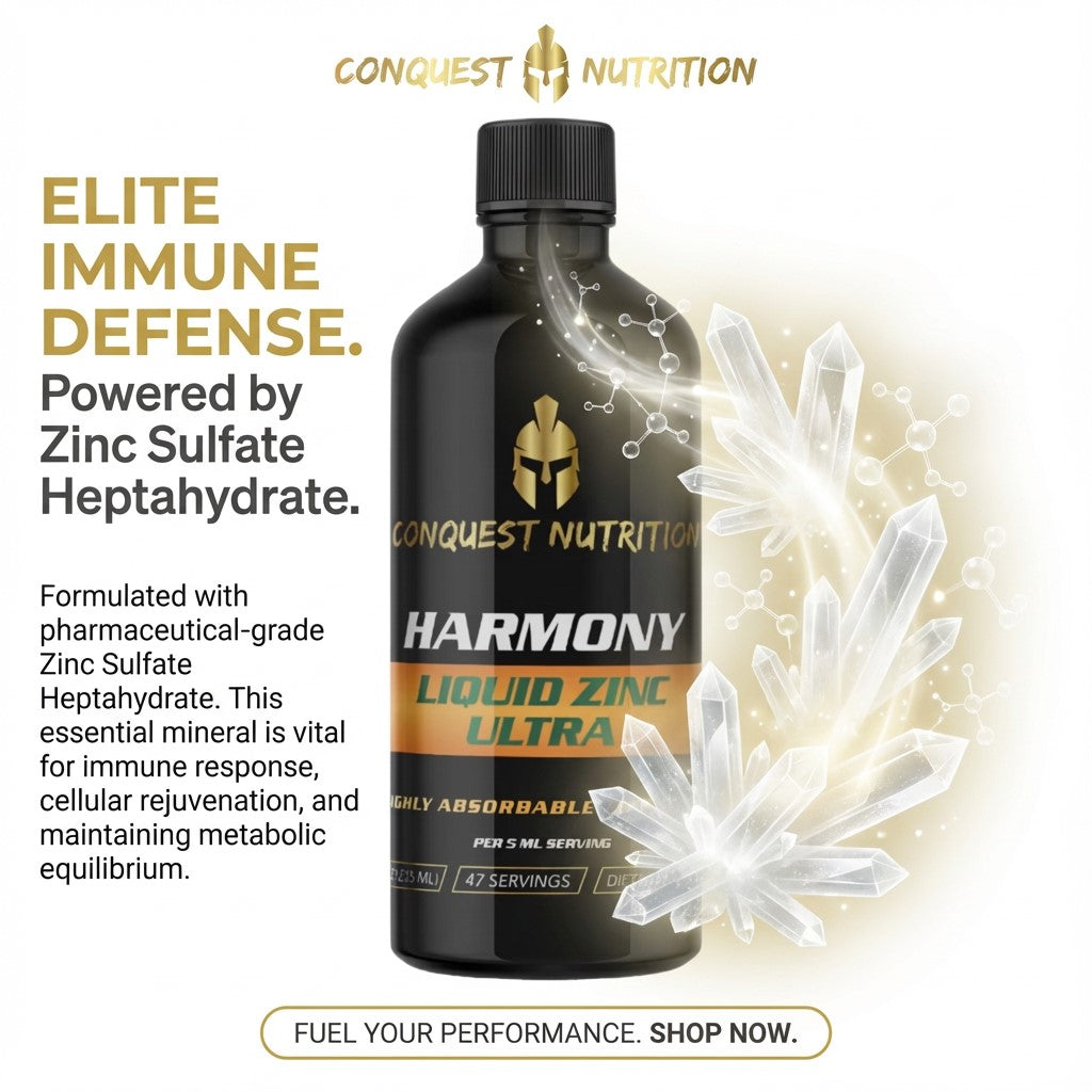 Conquest Nutrition Harmony Liquid Zinc Ultra bottle with crystal graphics on a white background