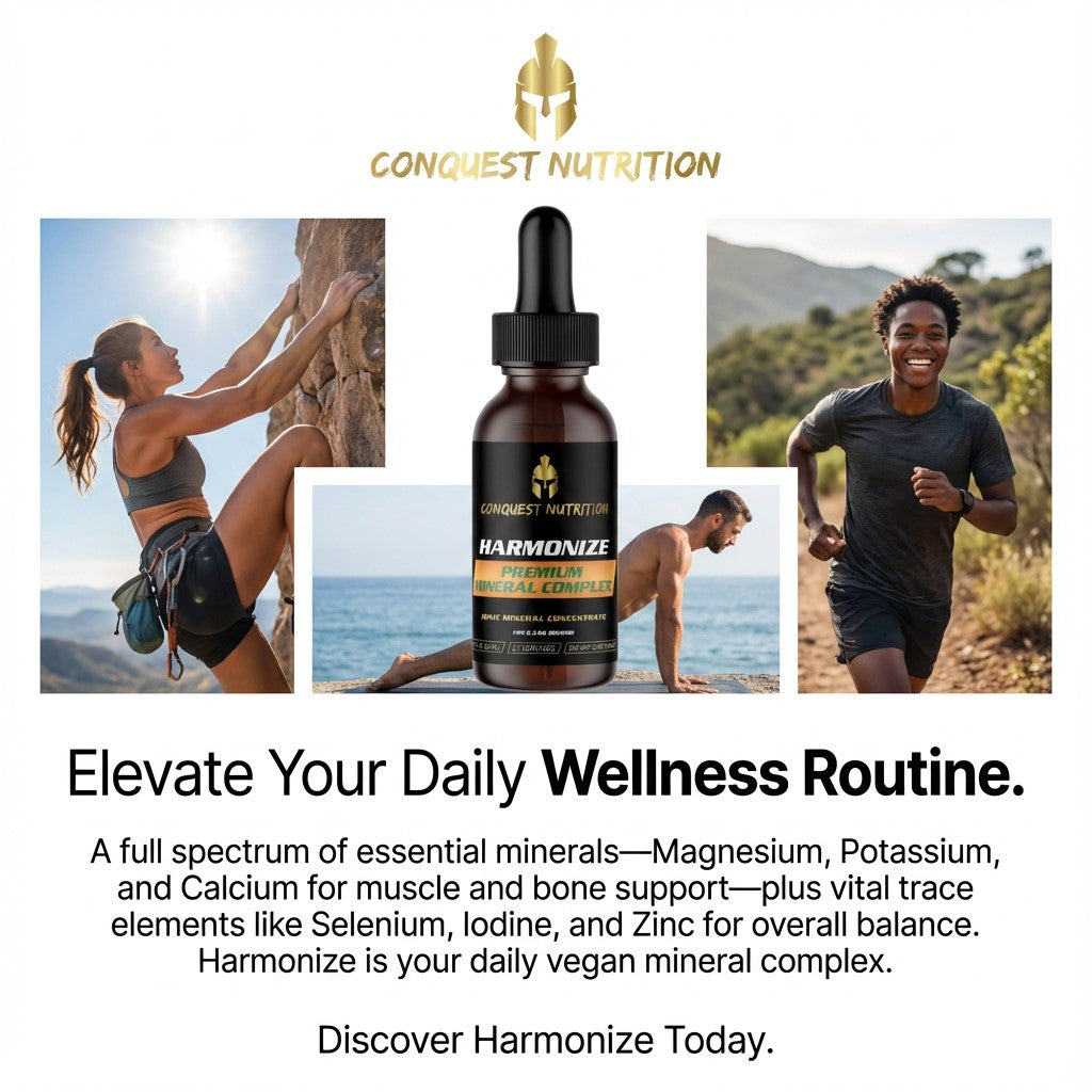 Advertisement for Conquest Nutrition Harmonize mineral complex with lifestyle images and product bottle.