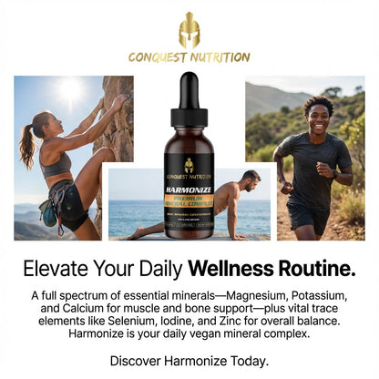 Advertisement for Conquest Nutrition Harmonize mineral complex with lifestyle images and product bottle.