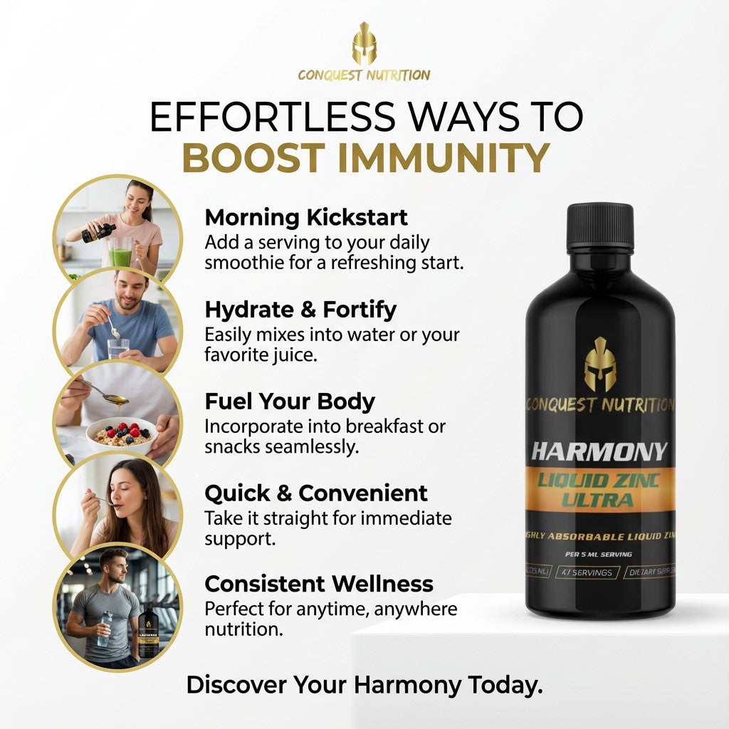 Conquest Nutrition Harmony Liquid Zinc Ultra bottle with usage tips on a white background