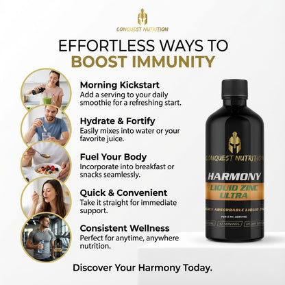 Conquest Nutrition Harmony Liquid Zinc Ultra bottle with usage tips on a white background
