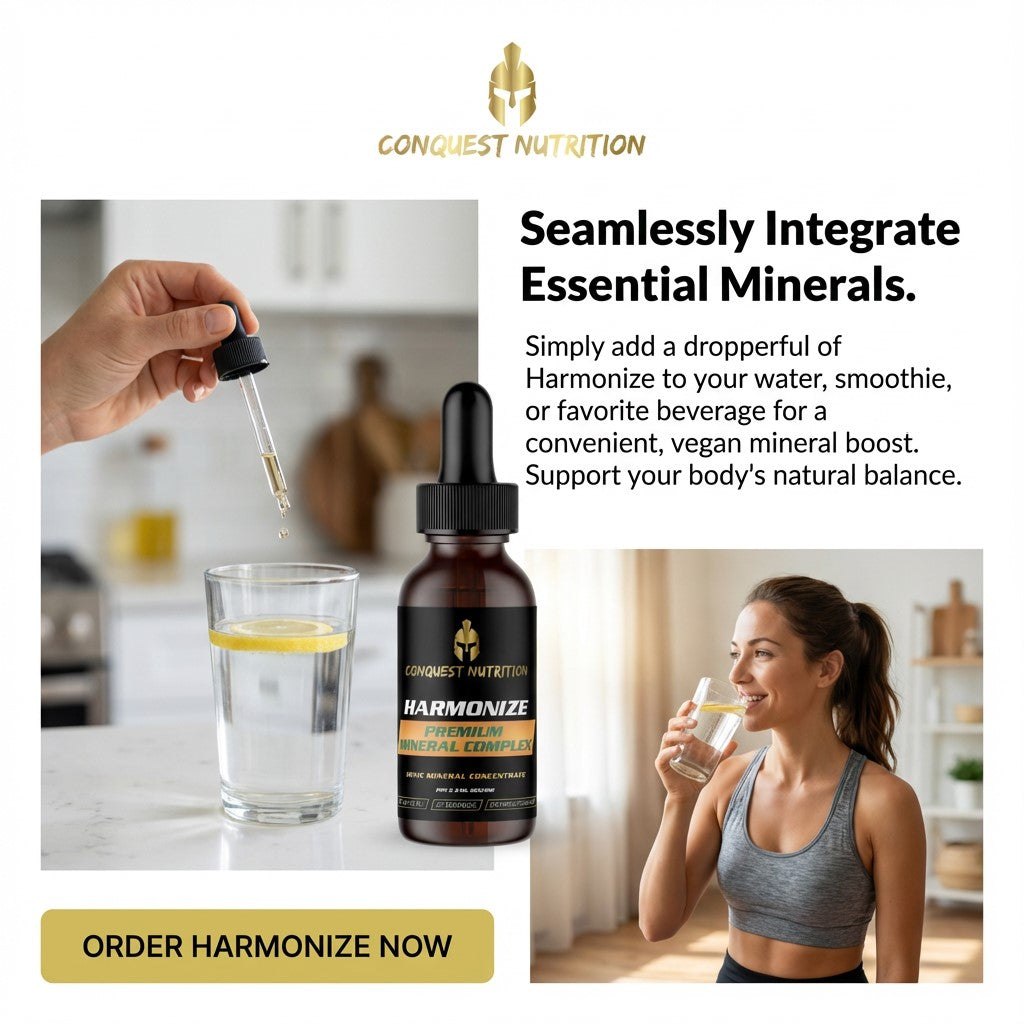 Conquest Nutrition Harmonize supplement bottle with dropper and woman drinking water, set against a kitchen background.