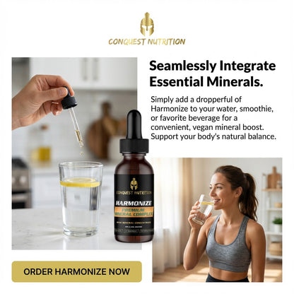 Conquest Nutrition Harmonize supplement bottle with dropper and woman drinking water, set against a kitchen background.