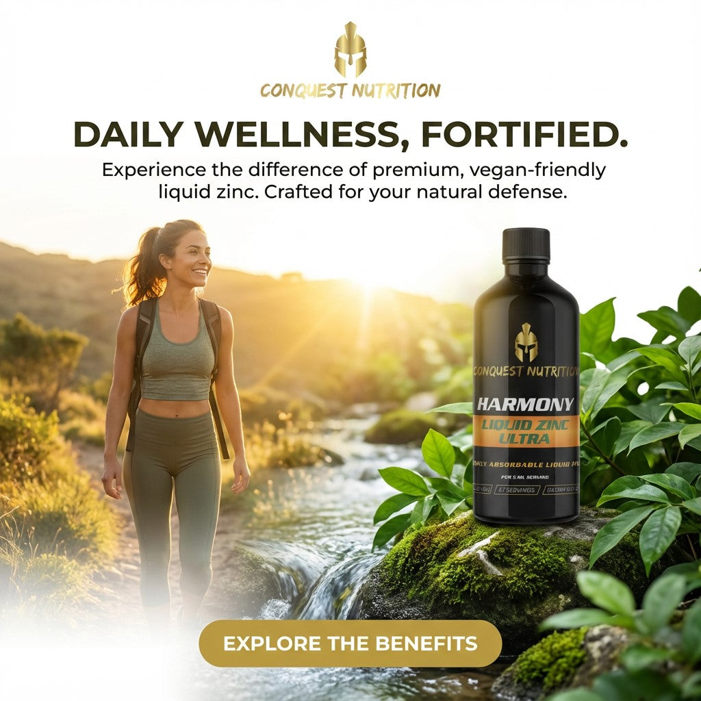Woman walking by a stream with Conquest Nutrition product in the foreground