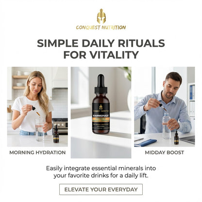 Advertisement for Conquest Nutrition with images of a woman and man using supplement products.