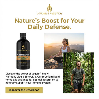 Advertisement for Conquest Nutrition's Harmony Liquid Zinc Ultra with lifestyle images of a woman and man outdoors.
