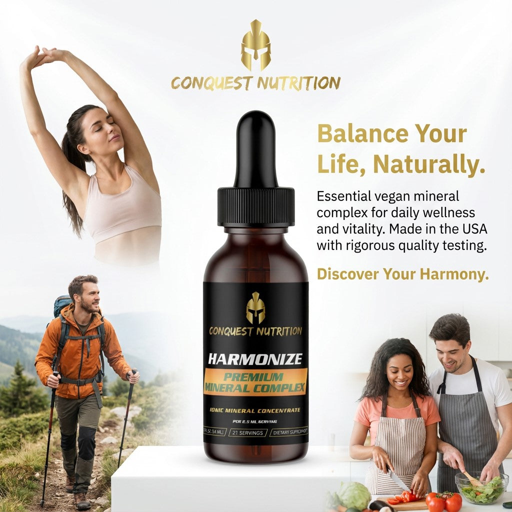 Conquest Nutrition Harmonize supplement bottle with lifestyle images and text on a white background