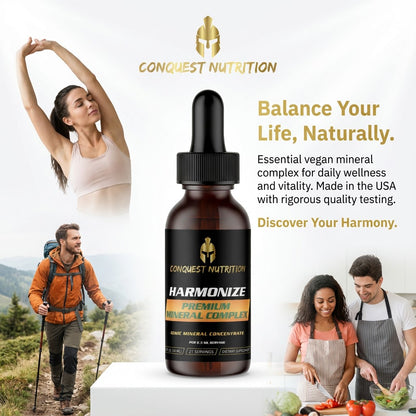 Conquest Nutrition Harmonize supplement bottle with lifestyle images and text on a white background