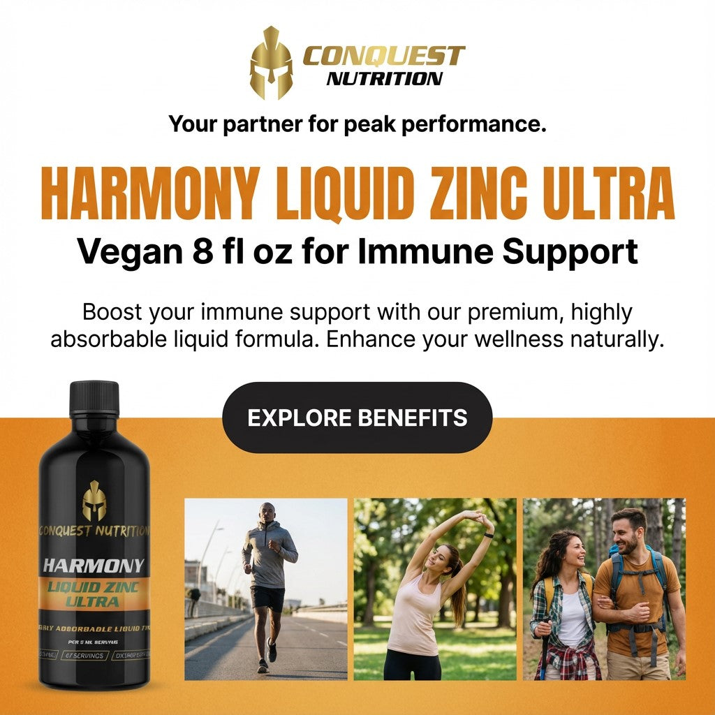 Advertisement for Conquest Nutrition Harmony Liquid Zinc Ultra supplement with lifestyle images and call to action button.
