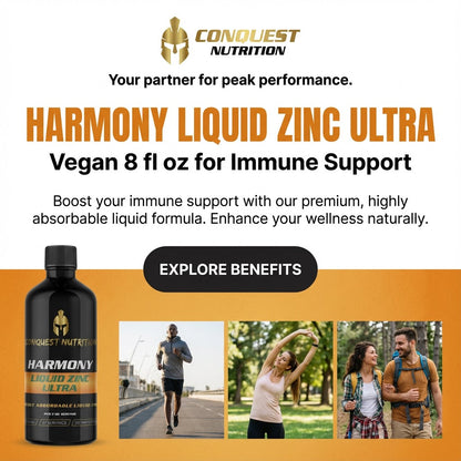 Advertisement for Conquest Nutrition Harmony Liquid Zinc Ultra supplement with lifestyle images and call to action button.