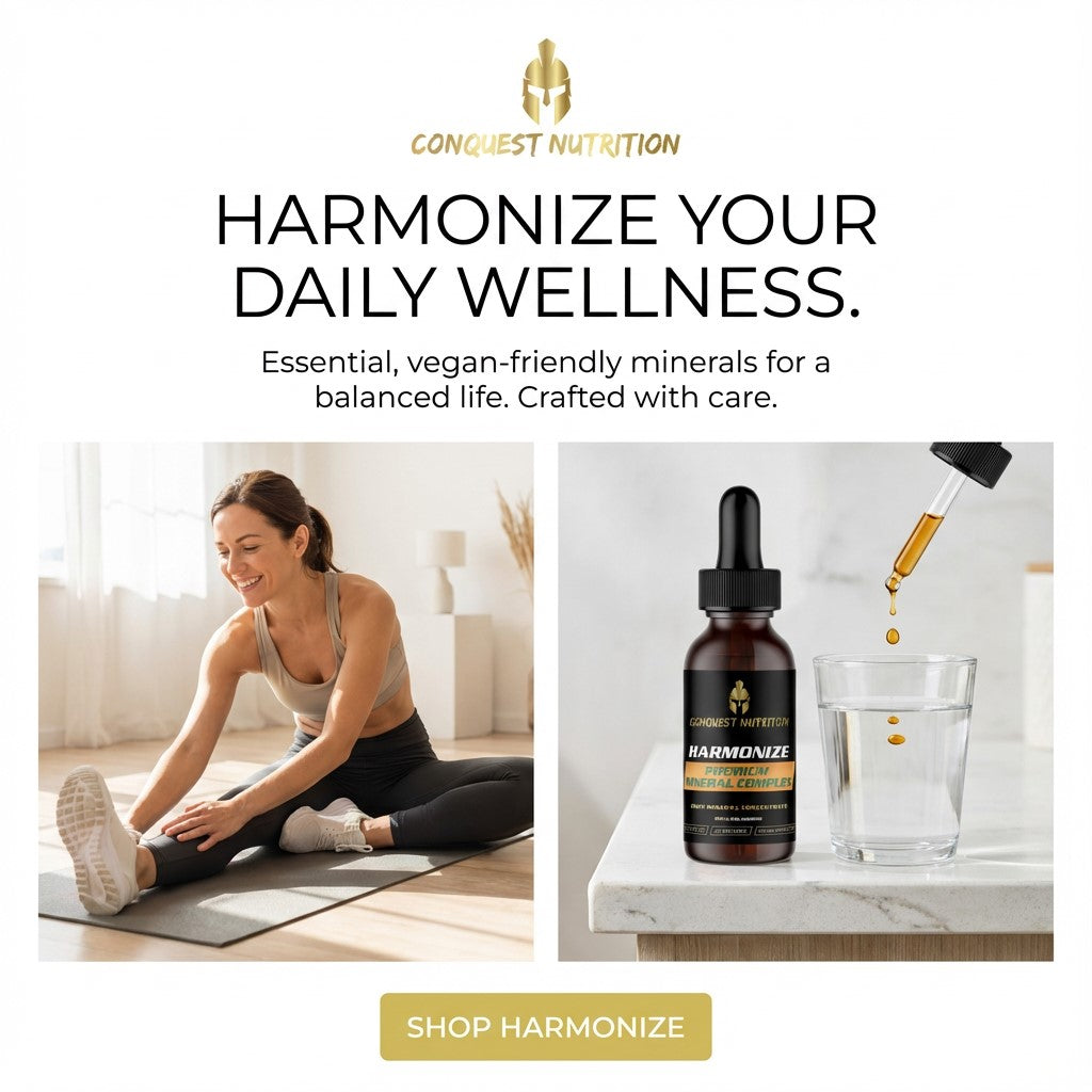Advertisement for Congest Nutrition Harmonize daily wellness supplement with a woman exercising and the product on a table.