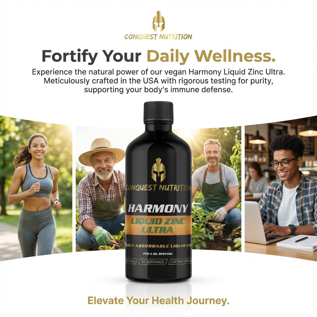 Bottle of Conquest Nutrition Harmony Liquid Zinc Ultra with lifestyle images and text about daily wellness.